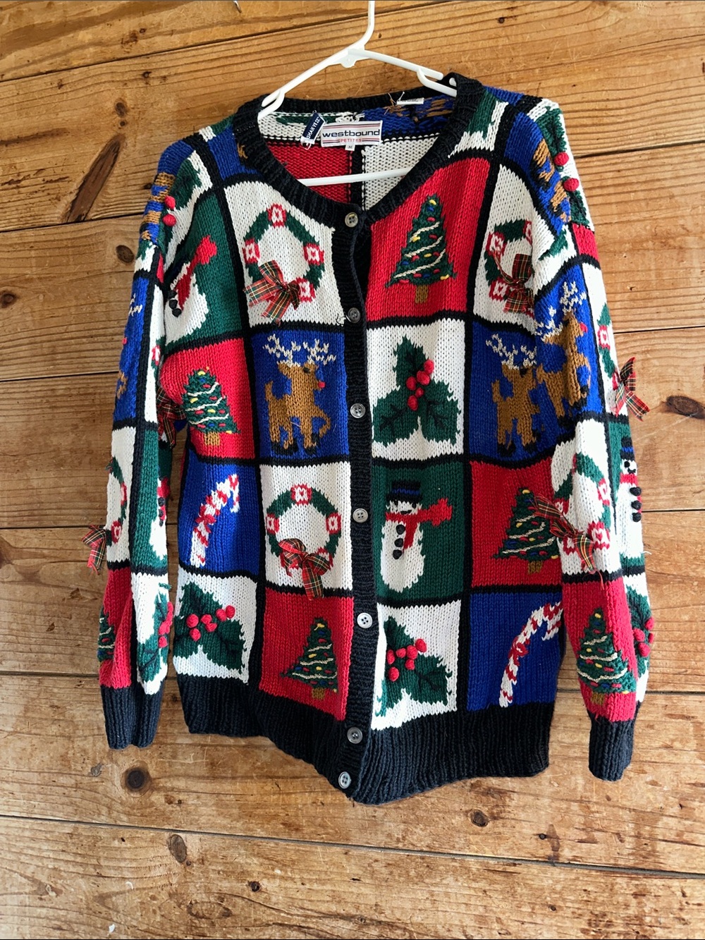 Westbound Multicolor Holiday Patchwork Cardigan - Red Green Blue Black White